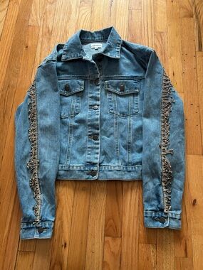 superdown Raya Rhinestone Light Blue Denim Jacket with Silver Beaded Fringe Trim